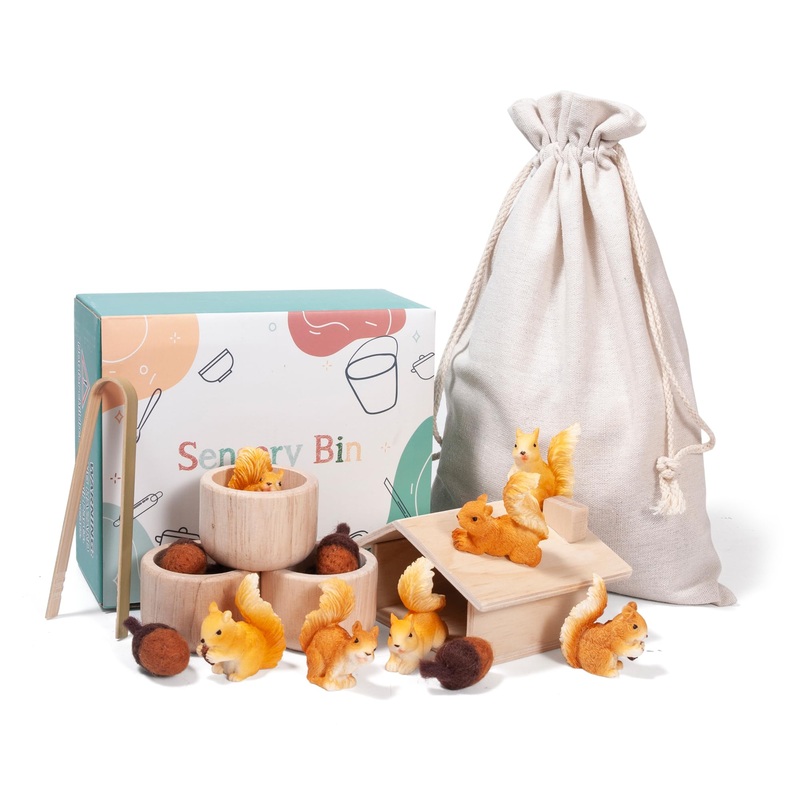 MONT PLEASANT Sorting Stacking Wooden Toys for Toddlers, Squirrel Montessori Toys Toddler Sensory Bin Tool Toy, Wood Squirrel To