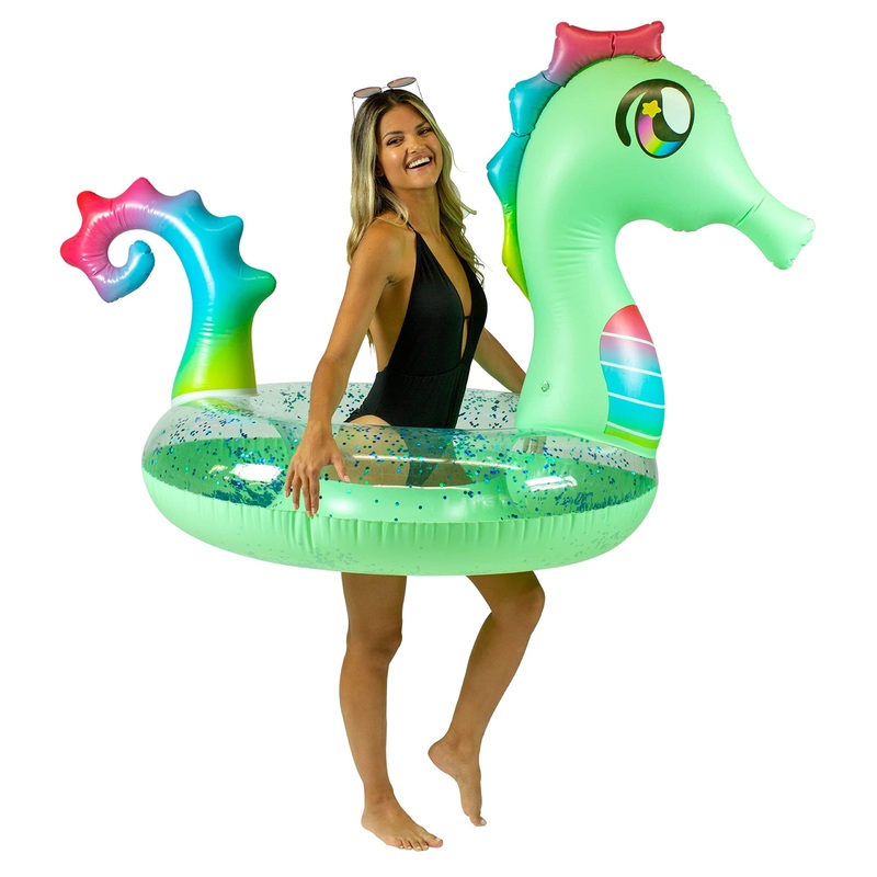 PoolCandy Inflatable Animal Pool Tubes & Swim Rings (Seahorse 48” inch Glitter Animal Pool Tube Swim Ring)