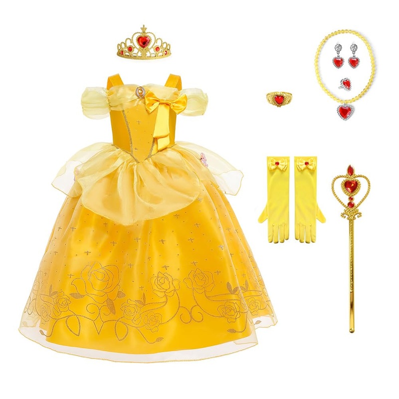 Princess Belle Costume for Girls Birthday Party Outfit Halloween Cosplay Dress up with Accessories for 11-12
