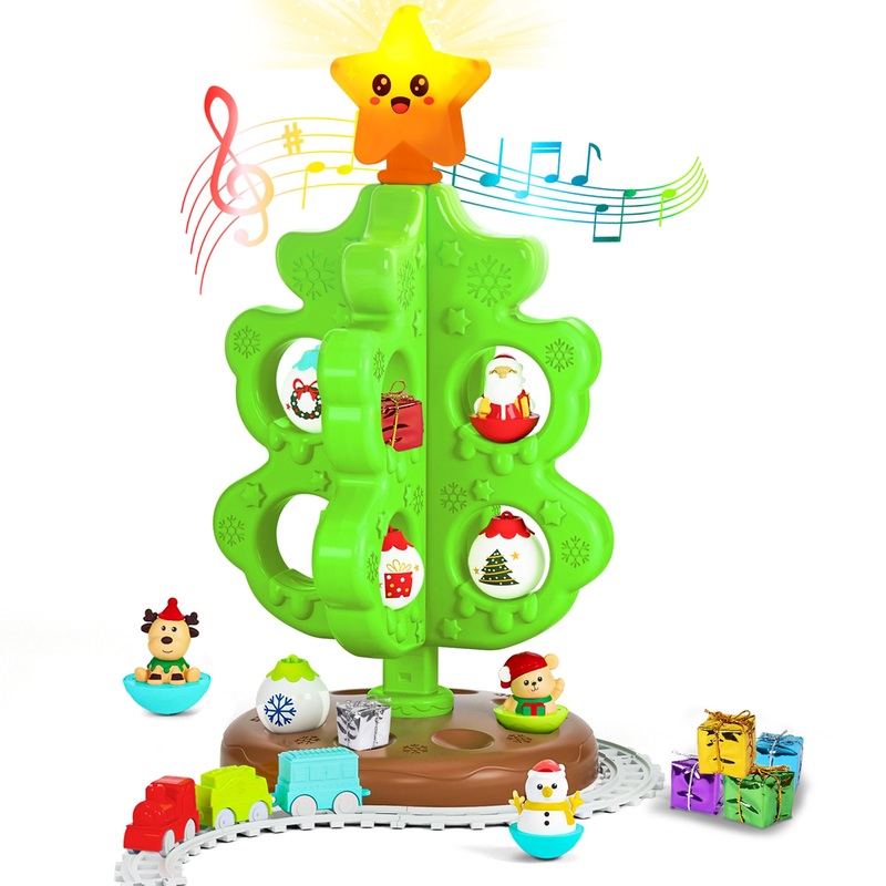 Surelect My First Christmas Tree for Toddlers, Musical Light Up Montessori Decor Toy with Ornaments, Mini Train Set, Roly Poly T
