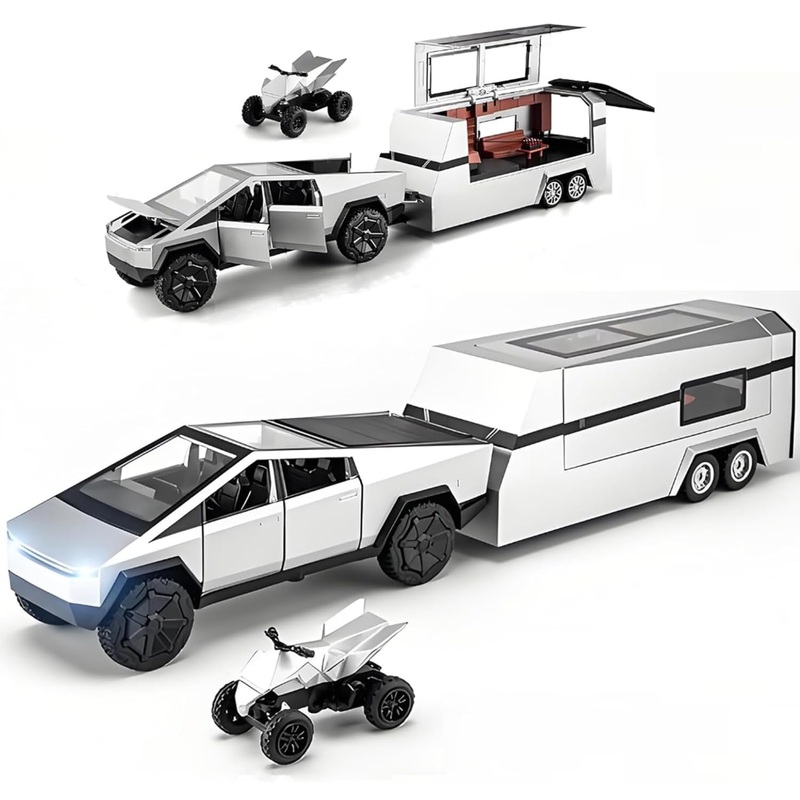 Toy Trucks with RV Motorcycle,1/24 Diecast Metal Pickup Trailer RV Model Kit,Toy Truck and Trailer with Sound and Light,Car Mode