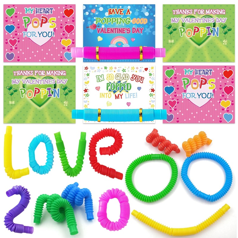 UPINLOOK 32 Pack Valentines Gifts for Kids, Valentines Cards for Kids with Pop Tubes, Stress Relief Fidget Toys for Valentine Cl