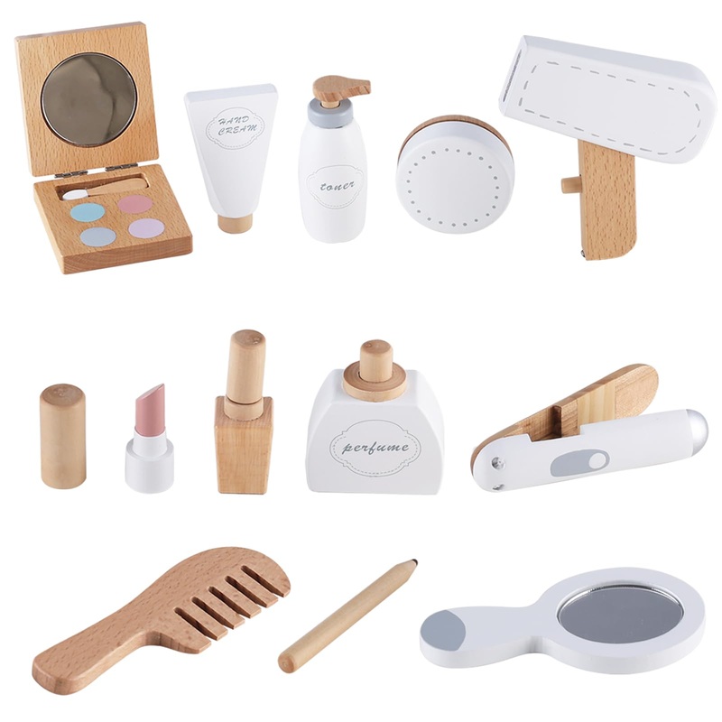 Wooden Makeup Toy Set for Toddler, Pretend Beauty Salon Play Set with Accessries 12 pcs, Pretend Makeup Set Toys for Kids Age 3+