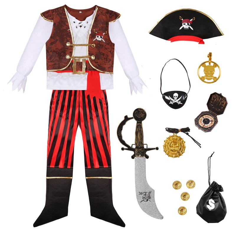 Yorborgor Kids Pirate Outfit – Boys Pirate Cosplay Party Dress Up (White, 7-8 Years)