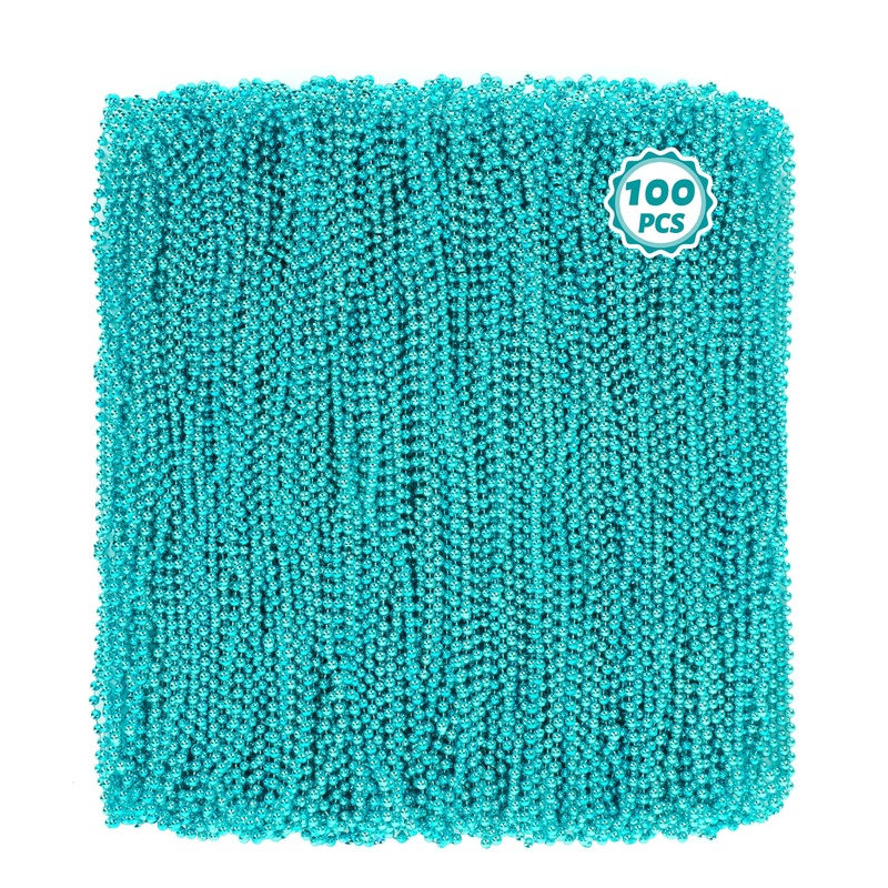 100 PCS Lakeblue Beads Necklaces, 33” Round Beads Bulk, Mardi Gras Parade Accessories, Costume Necklaces for Parade Throws Acce