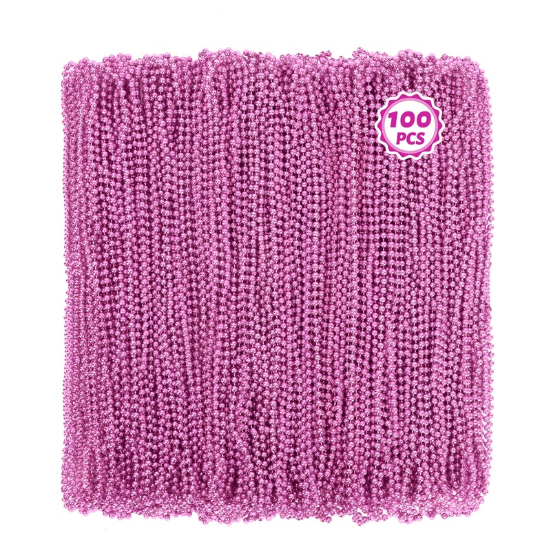 100 PCS Pink Mardi Gras Beads Necklaces, Breast Cancer Awareness Accessories Set, 33” Round Carnival Beaded Necklaces, Party Co