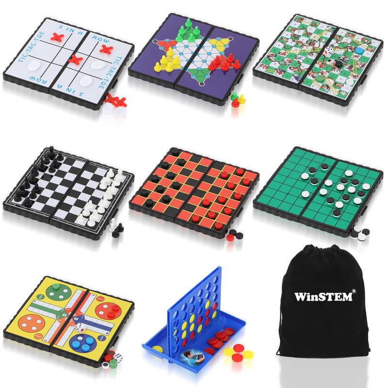8-in-1 Mini Travel Board Games Set, Magnetic Checkers Game with Folding Magnet Board, 4 in a Row Game, 5.2” Compact Design Idea