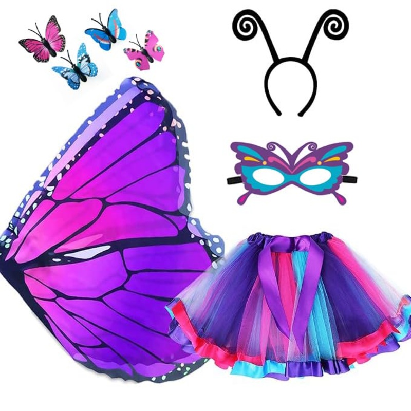 Aimeiar Kids Butterfly Wings Costume for Girls Toddler rainbow butterfly costume for girls 2024 Halloween costume Set with Mask,