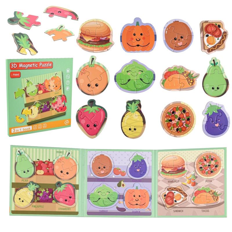 ASTARON 3D Magnetic Puzzle with 80 Puffy Stickers for Toddlers, 42 Pieces 3-in-1 Food Puzzles Preschool Education Learning Trave