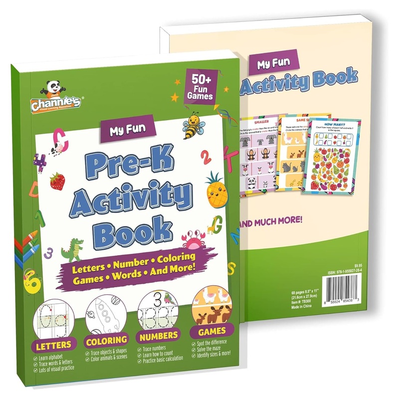 Channie’s Pre-K Activity Book, Preschool Workbook with Fun Educational Learning Activities for Kids, Ages 3-5, 50+ Games, Colors