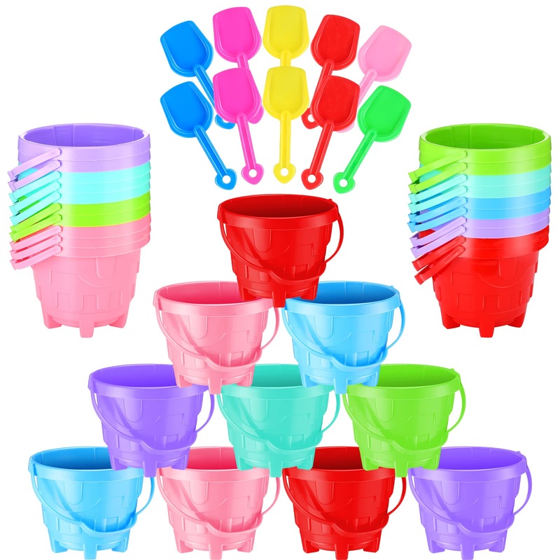 Didaey 65 Set 130 Pcs Beach Sand Buckets and Shovels, Include 65 Sand Pail Bucket 6 Colors with Castle Design Inside and 65 Shov