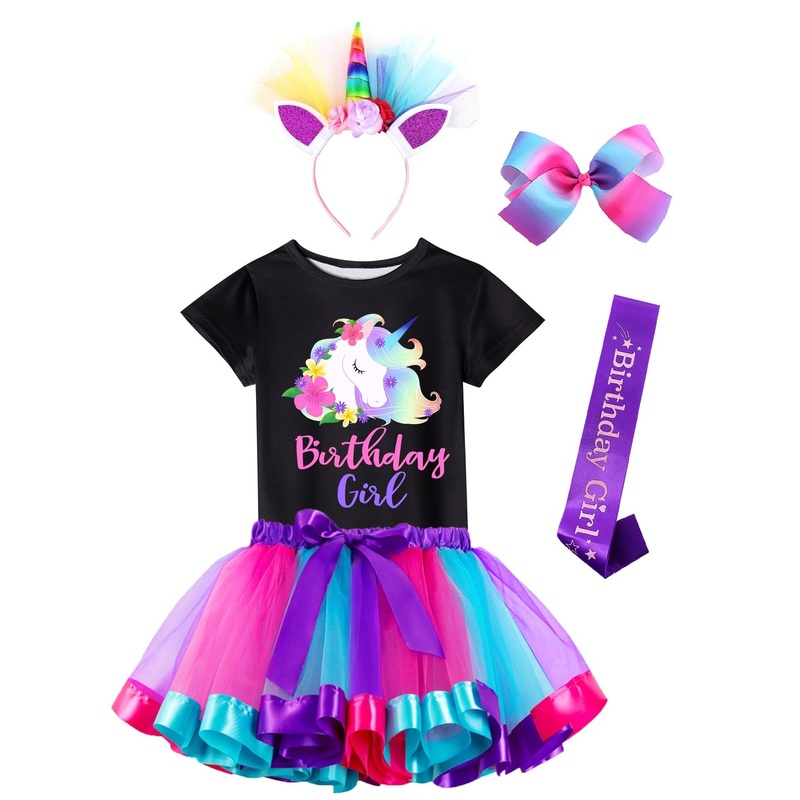 Doctor Unicorn Birthday Girls Unicorn Costume Outfit Rainbow Tutu, Unicorn T-shirt, Satin Sash, Hair Bow & Headband Purple Rainb