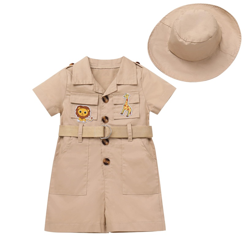 IDOPIP Baby Girls Safari Outfit Wild Animal Jumpsuit + Hat Toddler Summer Birthday Party Clothes Set Overall Shorts Photo Shoot