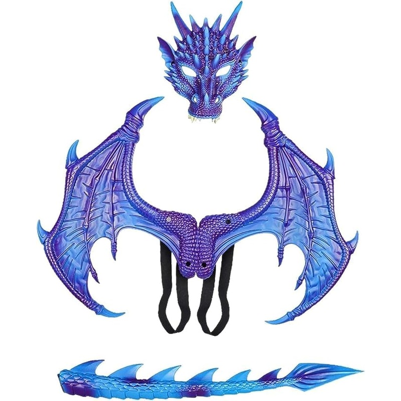 Kids Dinosaur Costume Dress Up Wings Dragon Tail Mask Set Halloween for Children Birthday Party Favors Gifts (blue)