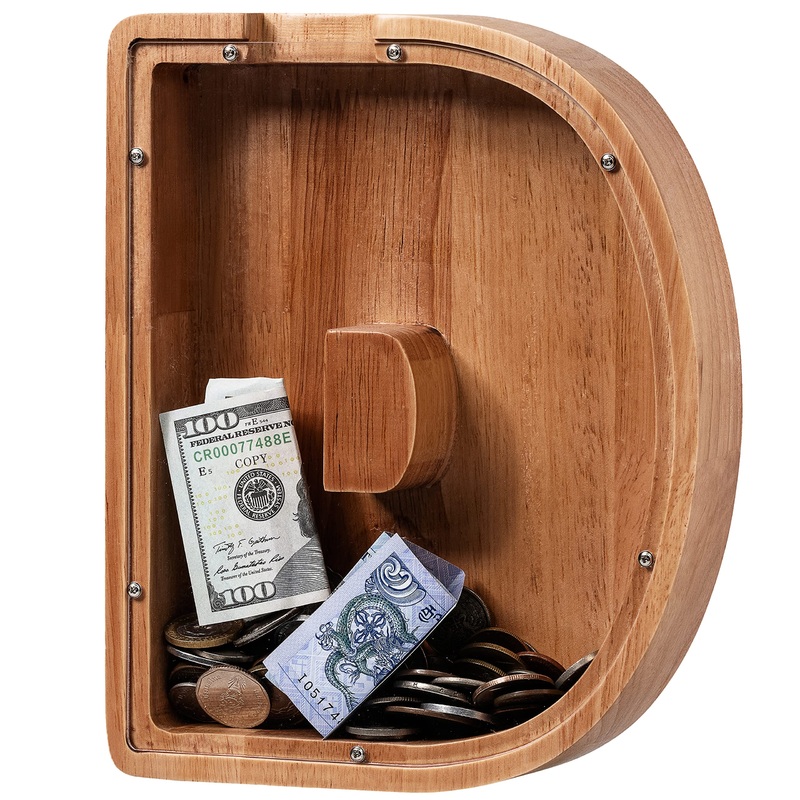 ladenk Large Wooden Kids Letter Piggy Bank – Piggy Bank for Boys Girls – Alphabet Money Bank with Initial D – Coin Bank for Birt