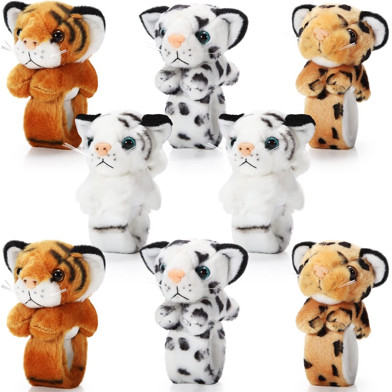 Lenwen 8 Pcs Tiger Leopard Stuffed Animals Slap Bracelets for Kids Plush Animal Cute Wrist Slap Bands for Birthday Party Favors