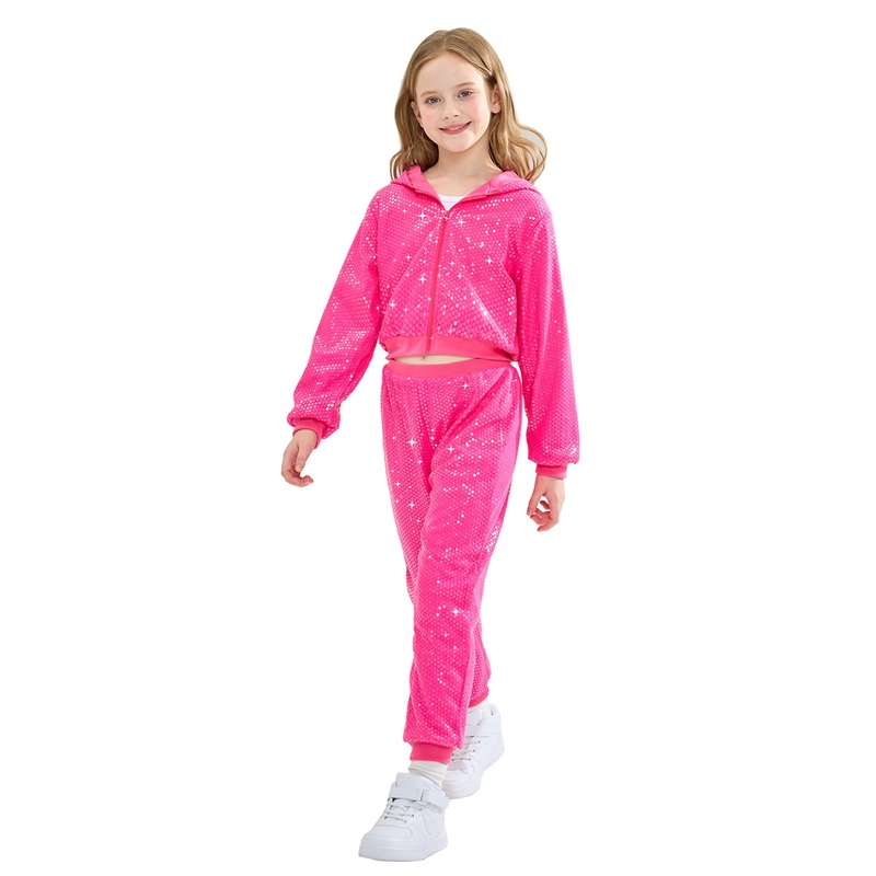 LOLANTA Girls’ Sequin Jacket Sequin Pants Dance Costume for 90s Theme Party Shiny Dance Clothing Set (Rosered, 7-8 Years)