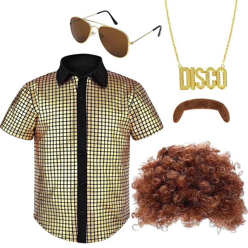 Matiniy 5Pcs 70s Disco Costume, Button Down Sequins Dress Shirt, Afro Wig Disco Necklace Sunglasses for 60s 70s Dress up and Hal