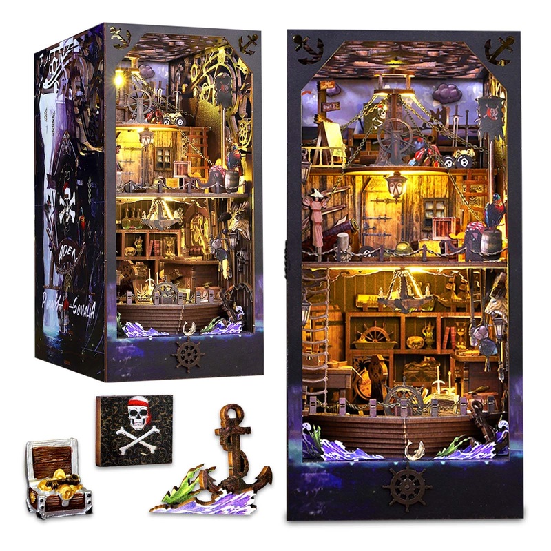 OurMiao Book Nook Kit Pirate Ship Aden, DIY Miniature Book Nook Kits for Adults, 3D Wooden Puzzle Bookshelf Insert Decor with Se