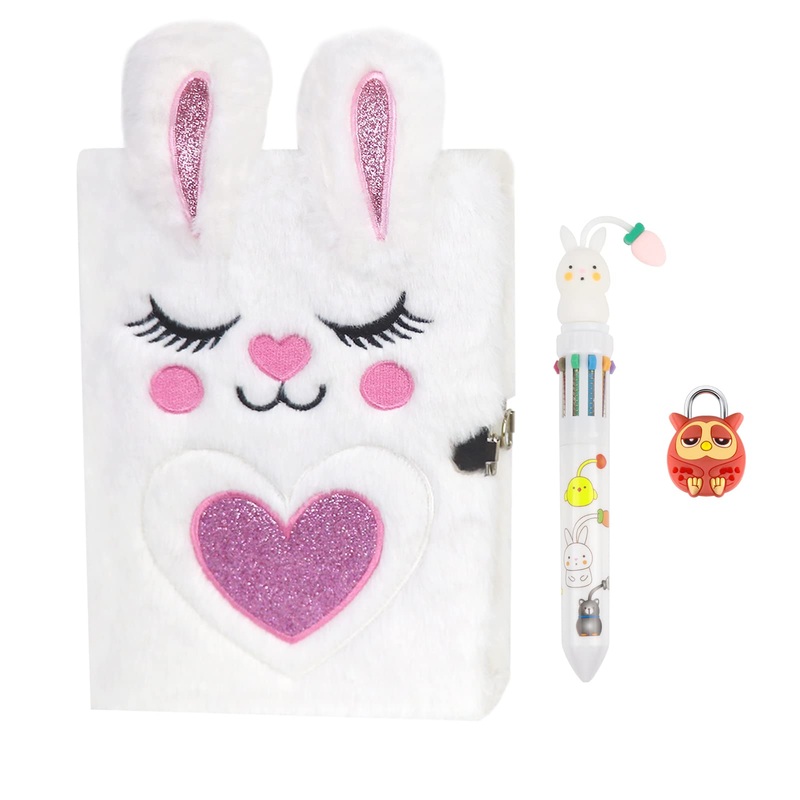 ParkistStar Furry Kid Diary, Rabbit Diary for Girls with Lock, Plush Pink Rabbit Notebook Set with Lock and Pen, Kids Journal No