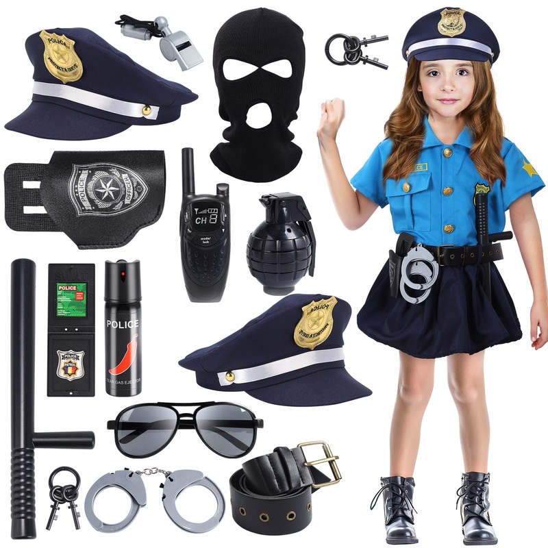 Skirfy 15PCS Police Officer Costumes for Girls,Police Costume for Kids Girls,Uniform with Toys for Cosplay Dress Up Halloween Pa