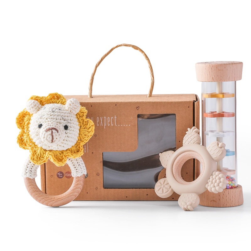 Youuys Wooden Baby Rattle Set (3pcs) – Crochet Rattle Rain Stick Teething Toys, Wooden Montessori Toy for Newborn Infant Baby Ra