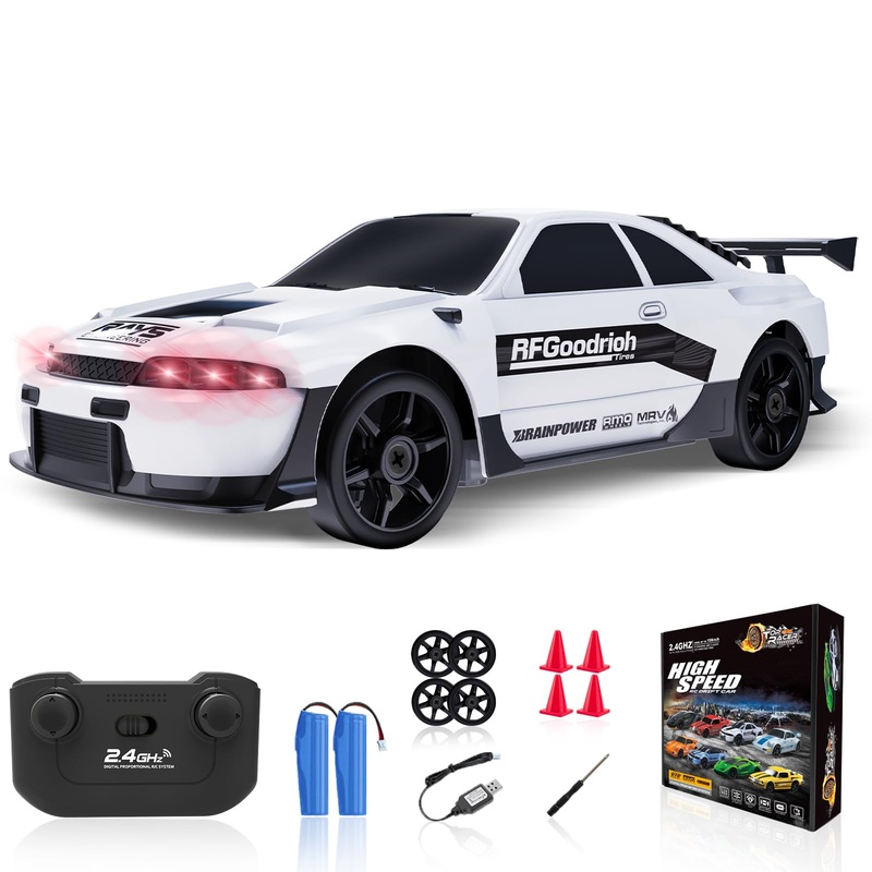 YUAN PLAN 2.4GHz High Speed RC Drift Car, LED Lights, 4WD, Two Batteries Included, Drift Tires, for Kids & Adults, White
