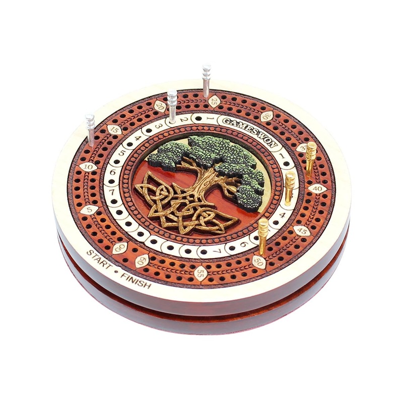 House of Cribbage – 2 Track 60 Points – Tree of Life Inlaid Wooden Travel/Pocket Size Cribbage Board – Size 4 Inch (Maple Wood/B