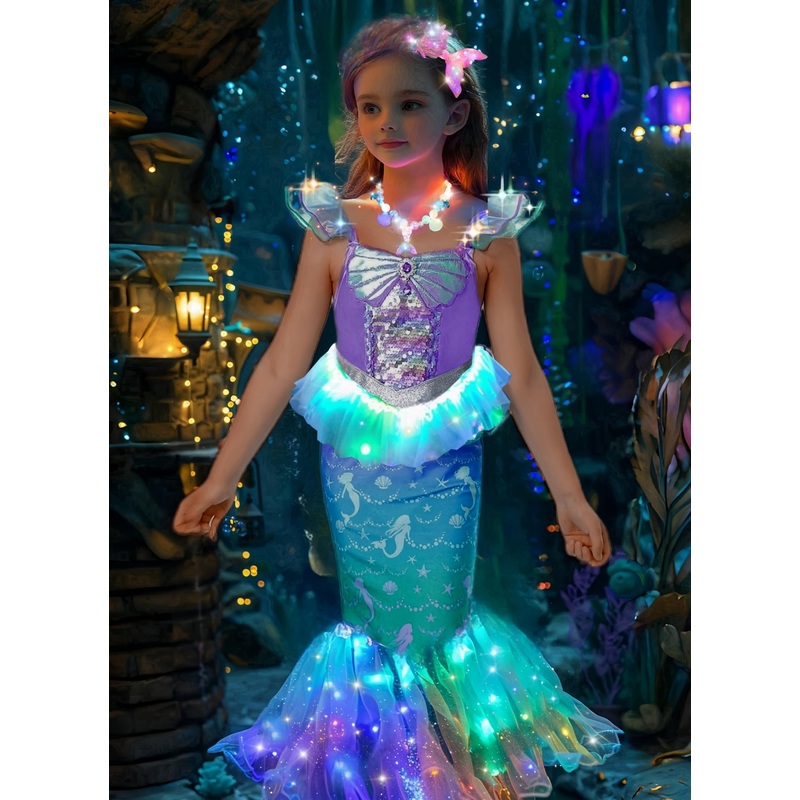 LEDPATY Girls Mermaid Costumes Led Light Up Costume Little Mermaid Dress with Glow Accesseries For Halloween Birthday Party 3-4T