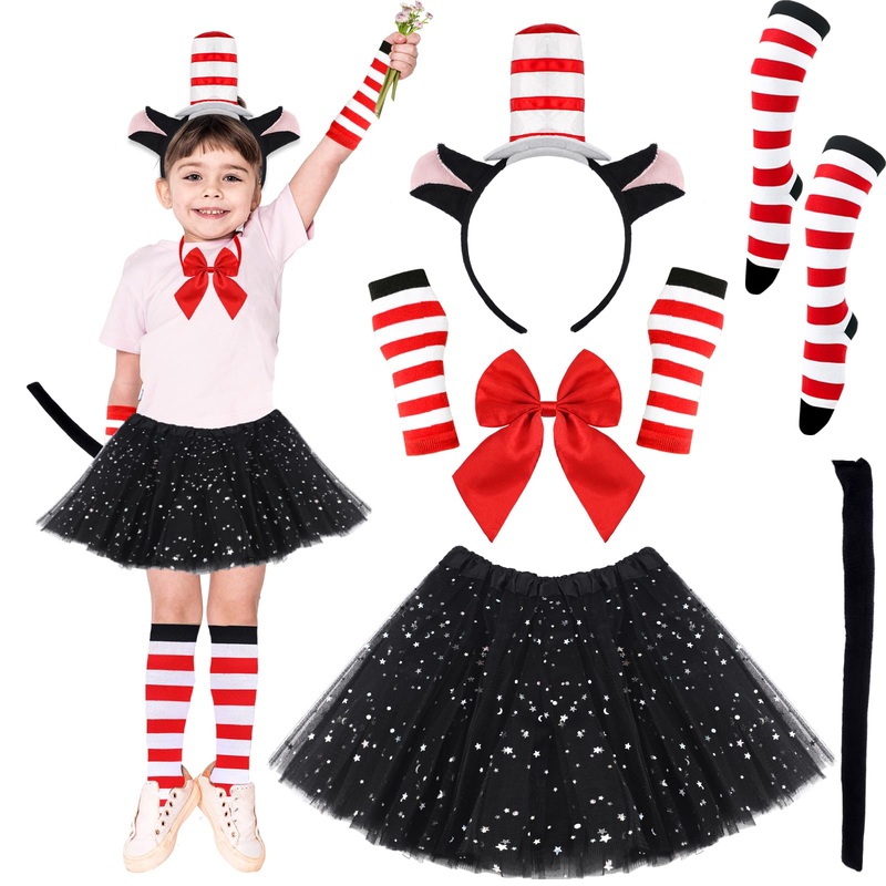 NinkyNonk 8PCS 100th Day of School Cat Costume with Headband, Tail, Tutu, Bowtie, Arm Warmers, Stockings for Toddler Girls Cospl