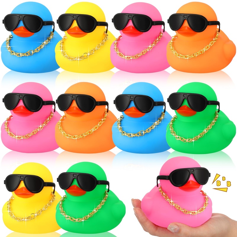 RoundFunny 10 Sets Jumbo Rubber Ducks with Sunglasses 5 Inch Giant Squeaky Rubber Ducks Big Floating Bathtub Toys for Shower Bir
