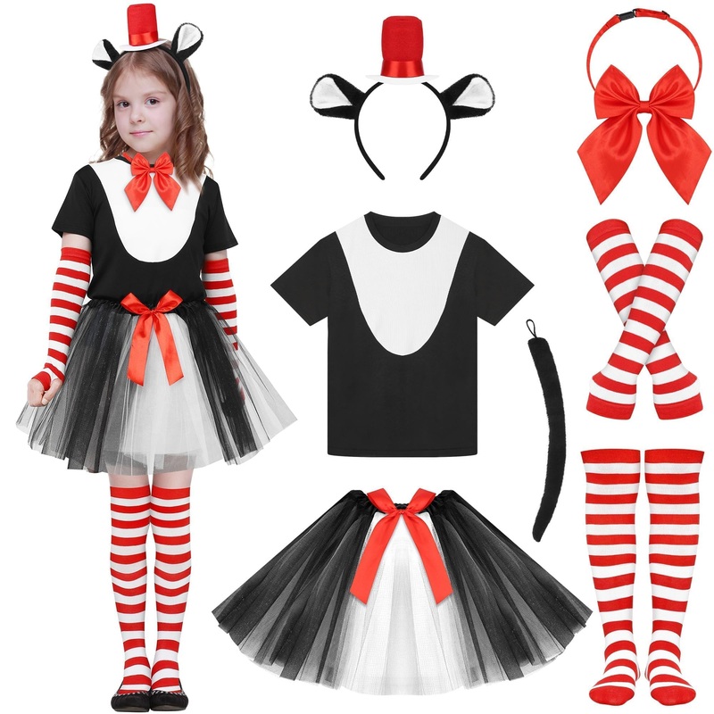 SOMSOC 7 Pieces Girls Cat Costume Set Black White T-shirt Tutu Skirts Headband Bowtie Socks Tail for Dress Up Cosplay Party