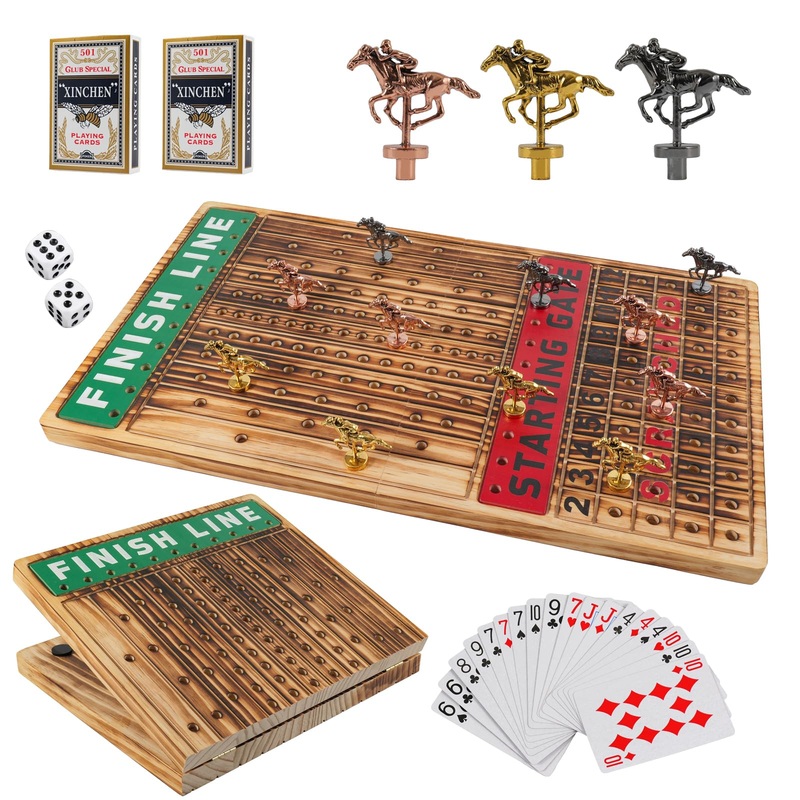 Wahartoly Large Luxury Thickened Wood Foldable Horse Race Board Game Finish LINE Game with 11 Metal Model Horses 2 Sets of Dice
