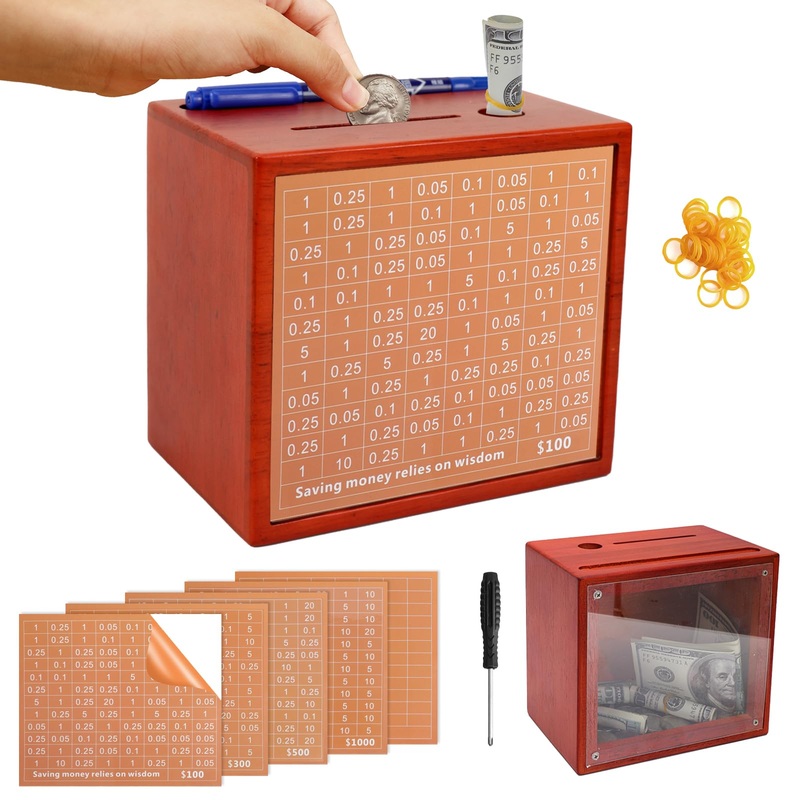 1000 Savings Challenge Box with Photo Display, Customizable Piggy Bank for Kids, Wooden Money Saving Box for Boys and Girls, Fun