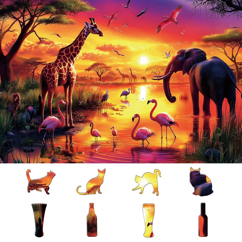 Animal Jigsaw Puzzles for Adults 500 Pieces Nature Wildlife Scene with Elephants Lion Tiger Giraffes Flamingos Puzzle Family Cha