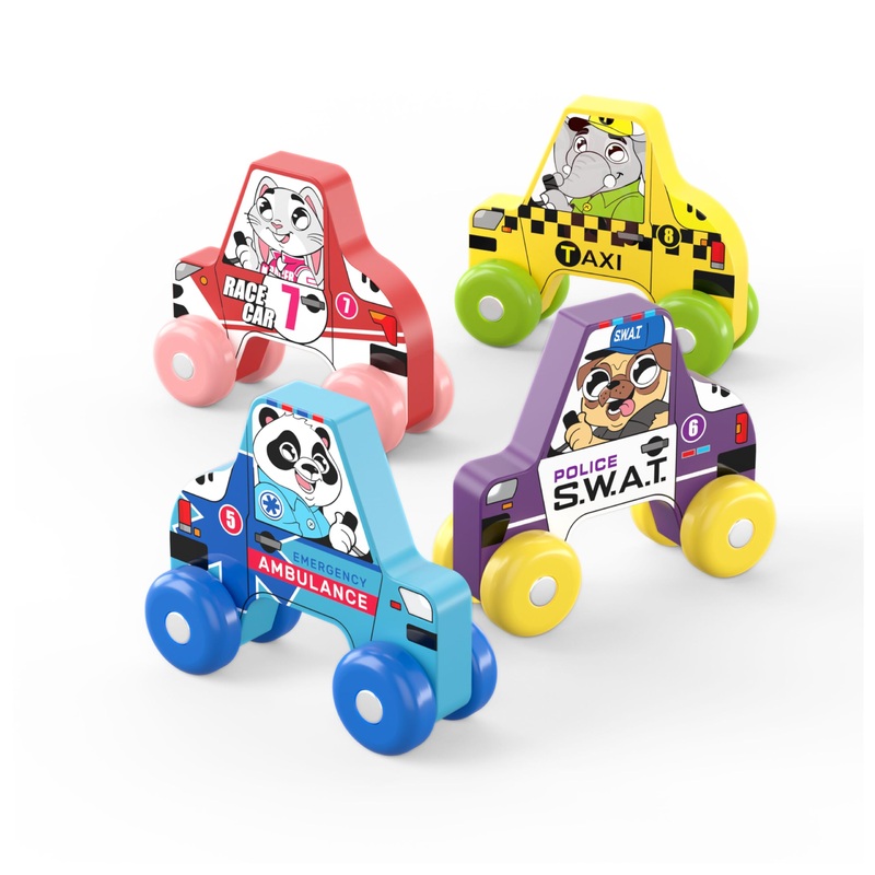 BEKILOLE 4 Wooden Race Cars Montessori Learning Toys for 6-12-18 Months Birthday Gift Travel Toy for 1 2 Year Old Boy Girl Infan