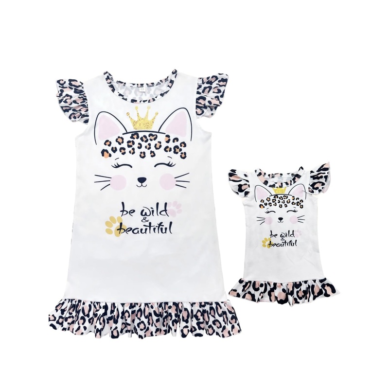 Bow Dream Girl Dress and Matching American Girl Doll Clothes for Girls Leopard Cat Size 130