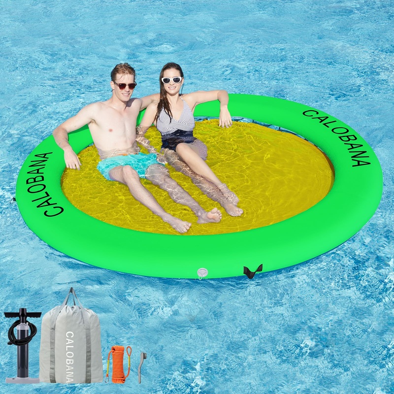 CALOBANA 8ft Heavy Duty Water Hammock, Round Inflatable Dock River Floats Lake Raft Island Platform for Adults Outdoor Party Tan