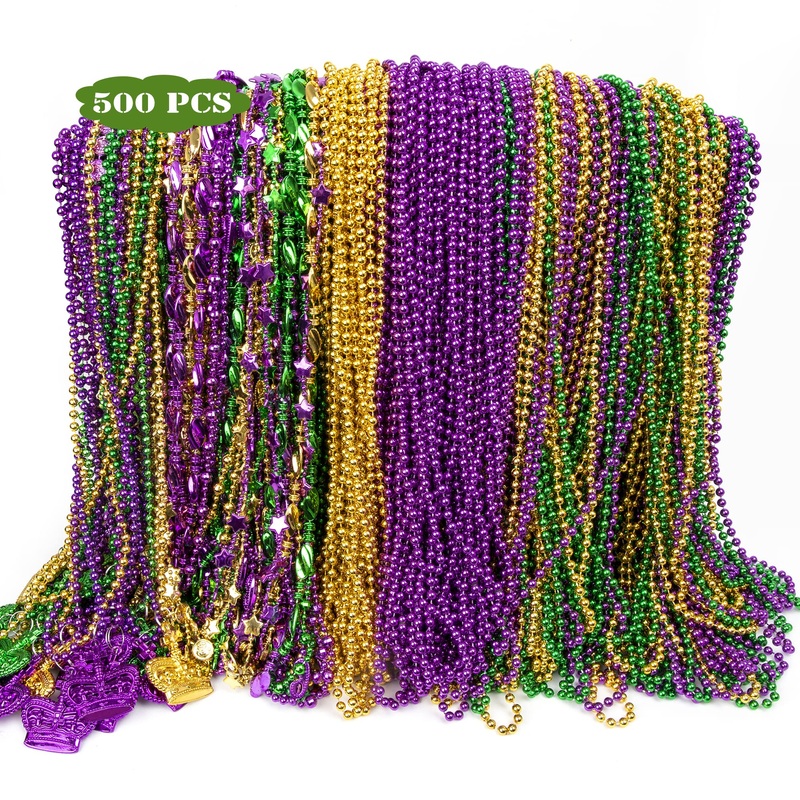 EOBOH 500PCS Mardi Gras Beads Throws, Bulks Green Purple Gold Metallic Mardi Gras Beads Necklaces Accessories Bulks, Mardi Gras