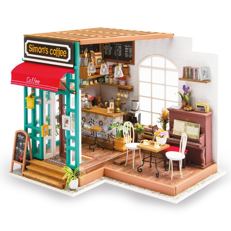 Hands Craft DIY Miniature Dollhouse Kit – Simon’s Coffee 3D Model Tiny House Building with LED Lights Wood Prefabricated Pieces