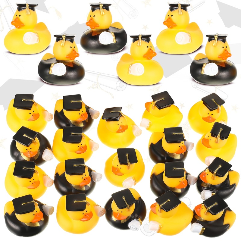 Hinly 48 Pcs Mini Graduation Rubber Ducks with Graduation Tassel Cap and Certificate Glitter Gold Yellow Grad Duck Bulk for Pool