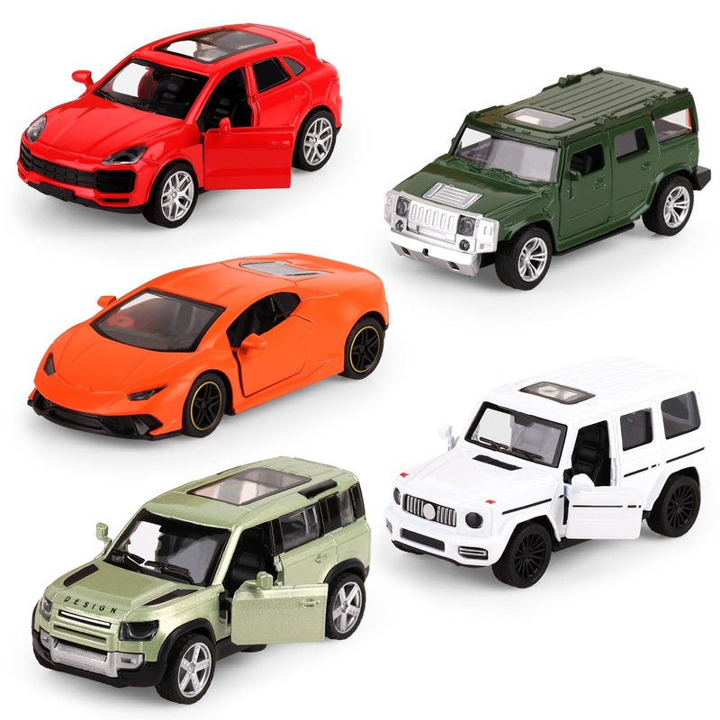 Hxezoc 5 Pieces Die Cast Metal Toy Cars, Pull Back Openable Doors Race Vehicles for Kids Baby Boys Girls Party Favor