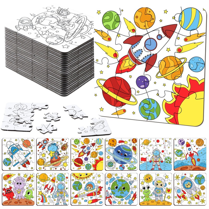 Realspring 24 Pack Outer Space Color Your Own Jigsaw Puzzles for Kids 3-5, 4-6, 6-8, Coloring Crafts DIY Paper Puzzles Party Fav