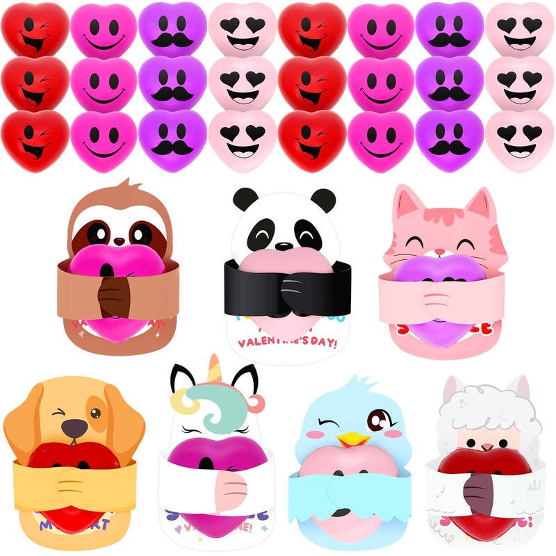 28 Packs Valentine’s Day Cards with Heart Stress Balls, Smile Face Squeeze Stress Relief Heart Shaped Stress Balls for Valentine