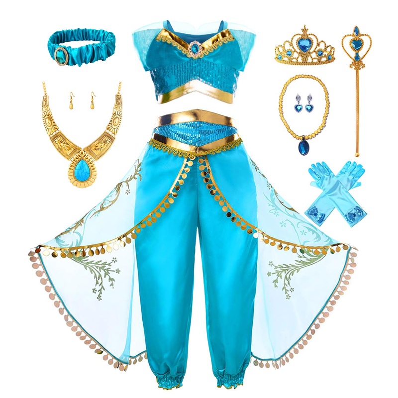 Akokvlar Girls Arabian Princess Costume Halloween Party Dress Up Outfits (Blue, 3-4 Years)