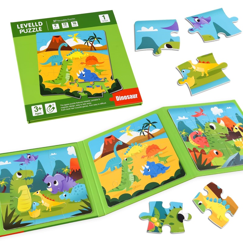 ASTARON Magnetic Puzzles for Toddlers, 16-20-25 Pieces Dinosaur Land Learning Magnet Puzzles for Road Trip, Educational Travel T