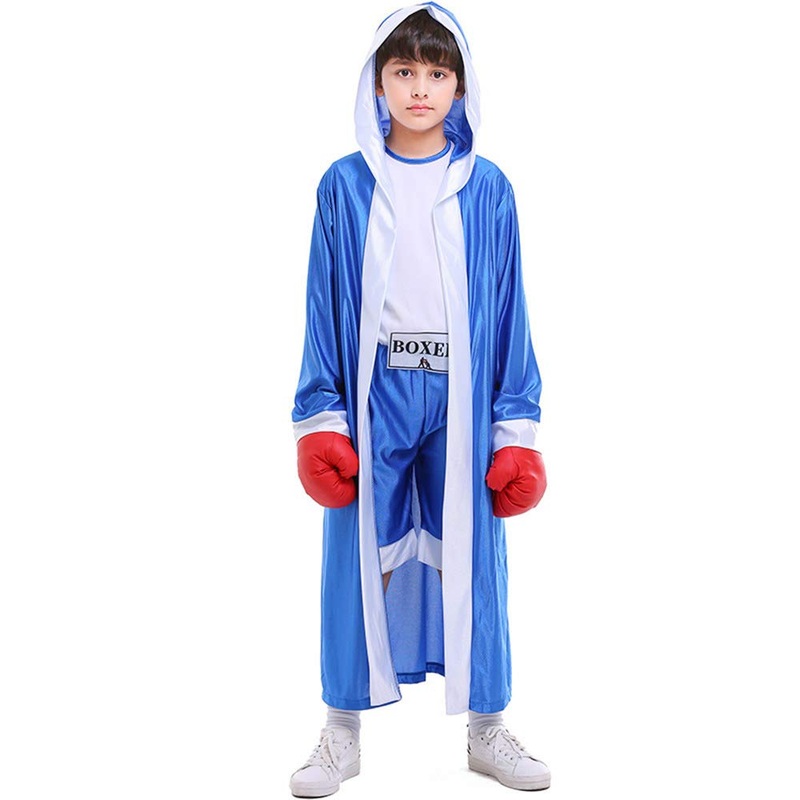 DLSNZ Kids Boxing Costume with Hooded Boxer Robe Halloween Cosplay Role Play Boxing Uniform (Blue, Small)