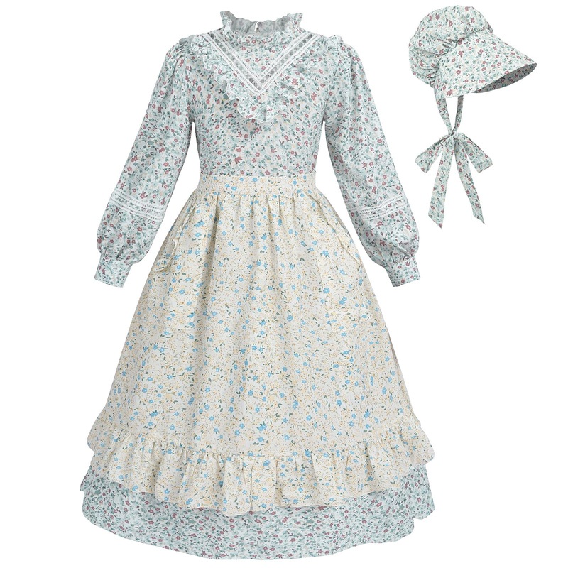 FCCAM Prairie Colonial Dress Girls Long Sleeve Pioneer Dress Costume Floral Pioneer Girl Laura Ingalls Wilder Green S