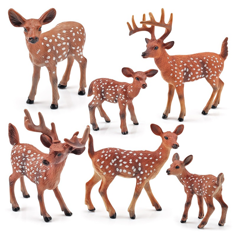 Gemini&Genius 6Pcs Deer Toys, Jungle Animal Deers with Cubs for Miniature Scenery Decorations, Birthday Cake Topper, Woodland Ba