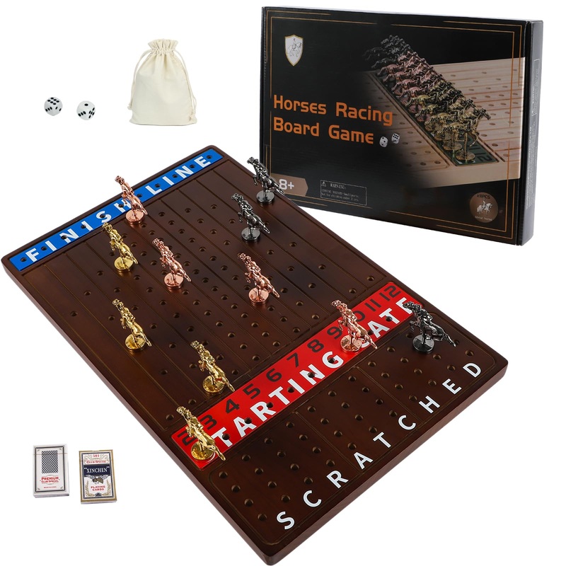 Grhonior Original Horse Racing Board Game with 11 Luxurious Durable Metal Horses Full Size Solid Wood Horse Race Board Game Set
